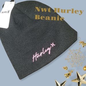 Hurley Black Beanie Knit with Pink Lettering Spellout Logo, New with Tags